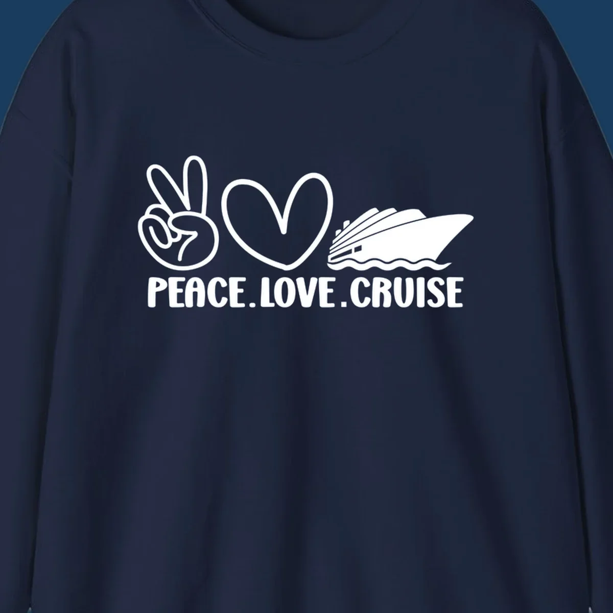 Peace sign, heart, and cruise ship with text PEACE LOVE CRUISE. Peace love cruise concept.