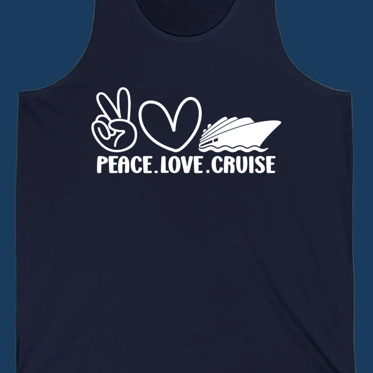 Peace sign, heart, and cruise ship with text PEACE LOVE CRUISE. Peace love cruise concept.