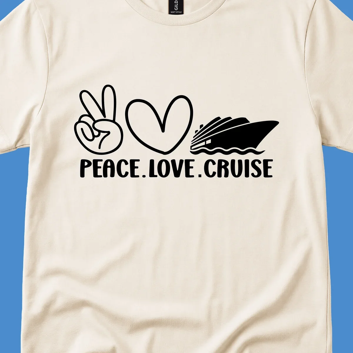 Peace sign, heart, and cruise ship with text PEACE LOVE CRUISE. Peace love cruise concept.