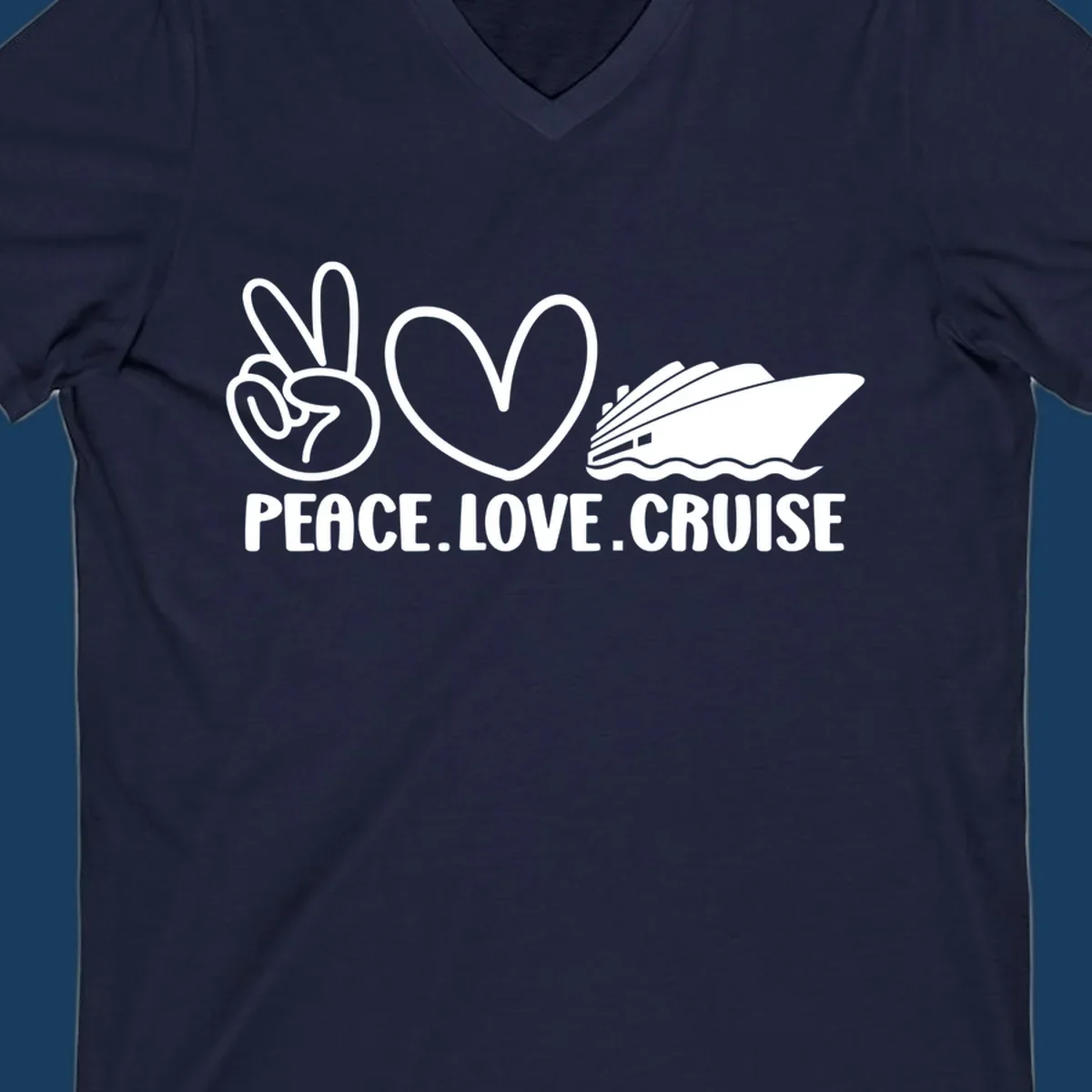 Peace sign, heart, and cruise ship with text PEACE LOVE CRUISE. Peace love cruise concept.