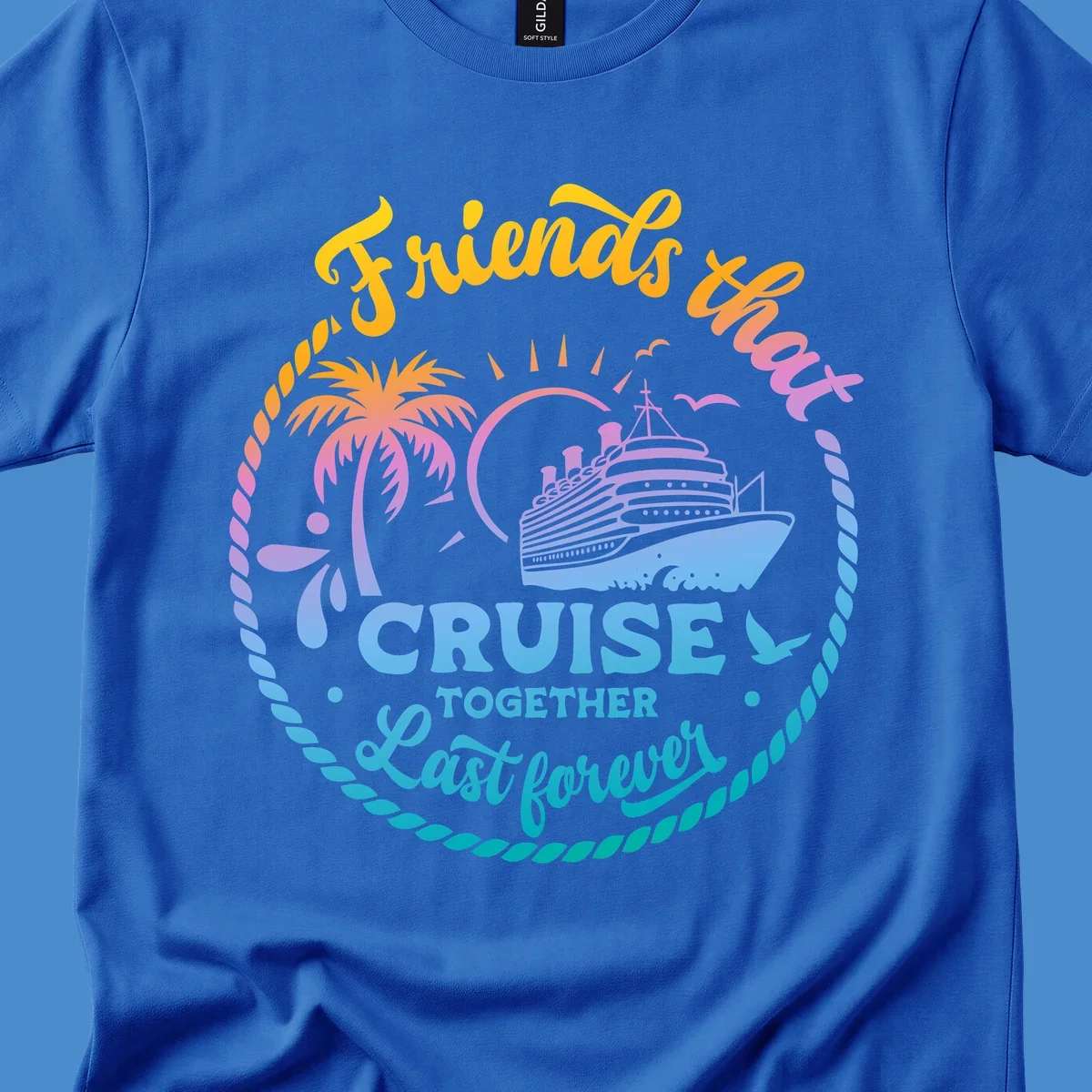 Friends that Cruise Together Last Forever cruise ship illustration with palm tree and rope border.