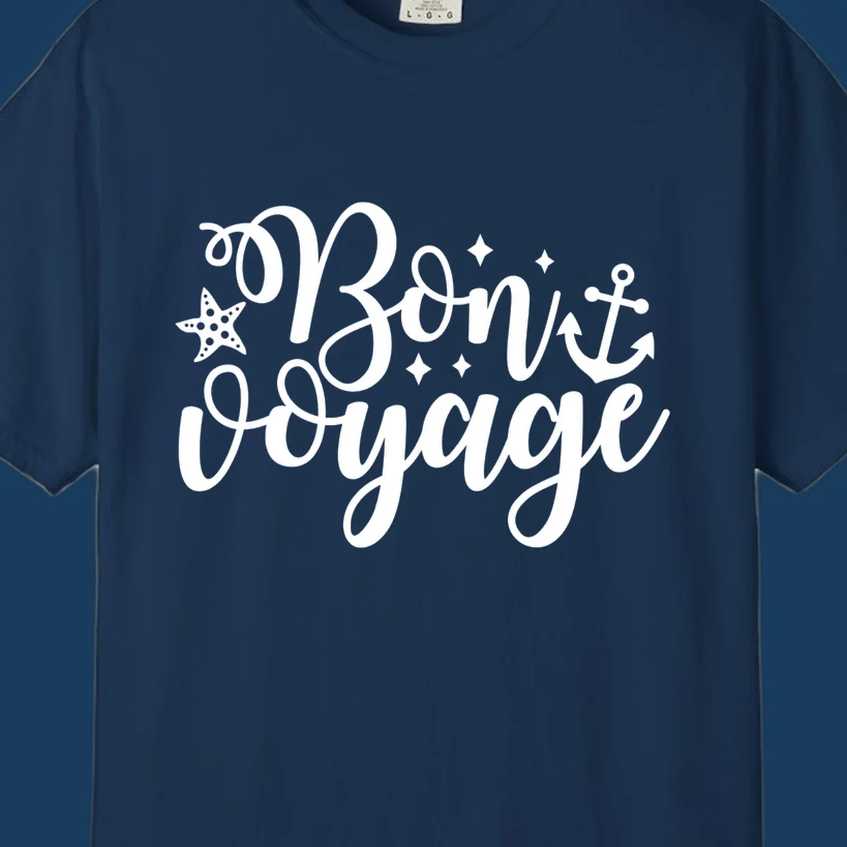 Bon voyage nautical design with starfish and anchor text.