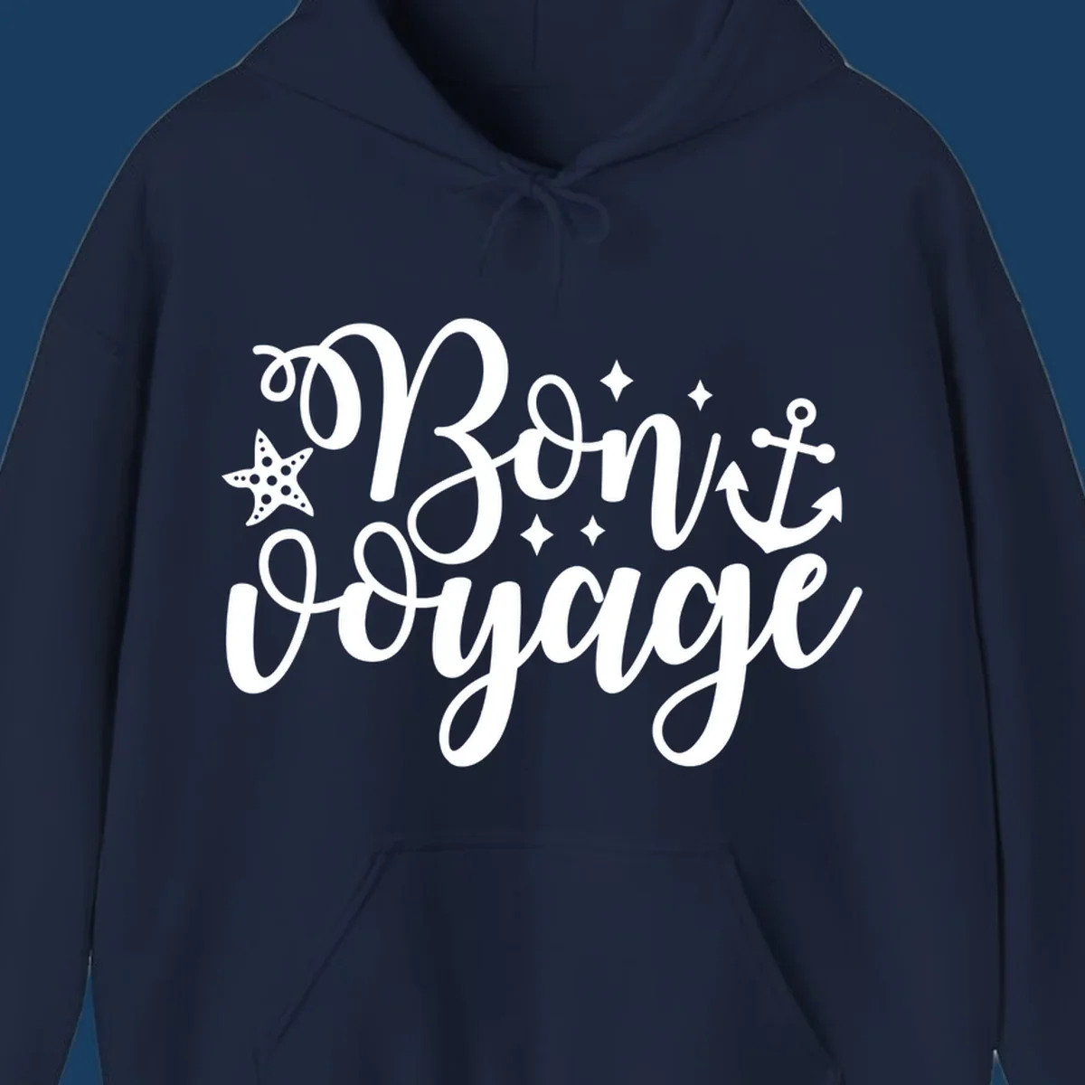 Bon voyage nautical design with starfish and anchor text.