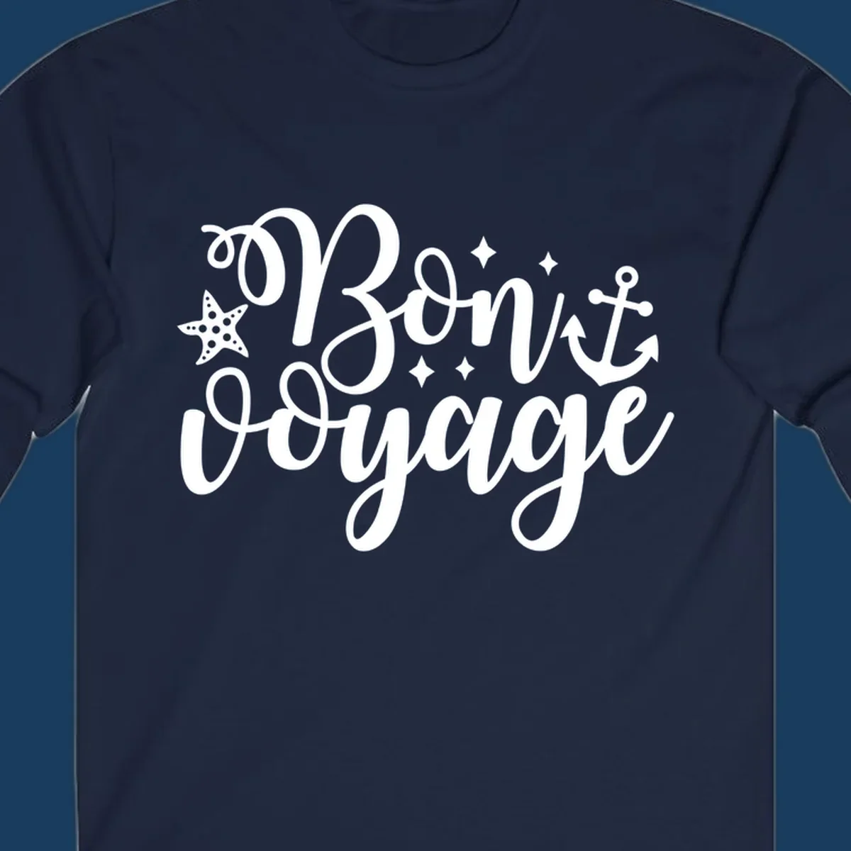 Bon voyage nautical design with starfish and anchor text.