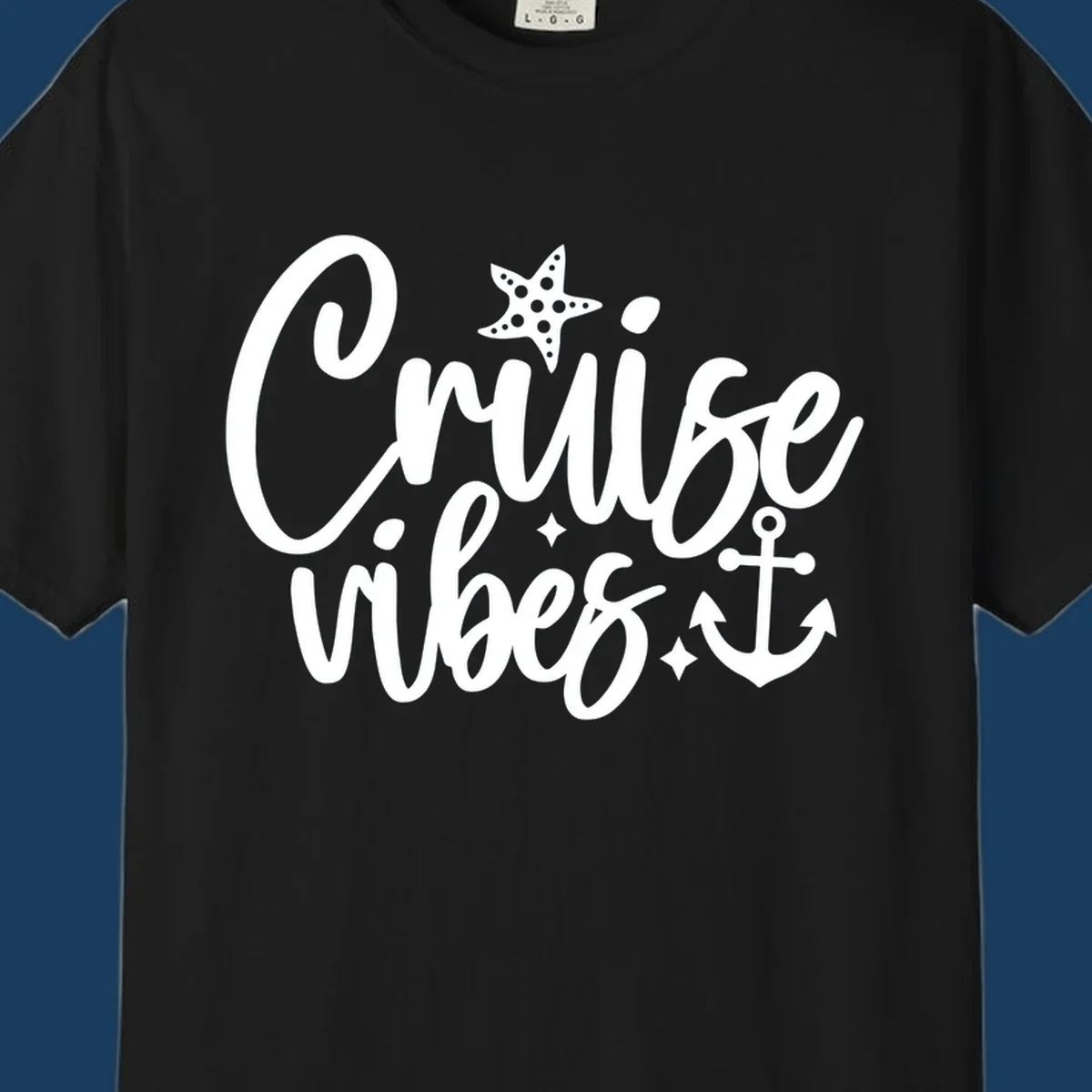 Cruise vibes text with starfish and anchor illustration.