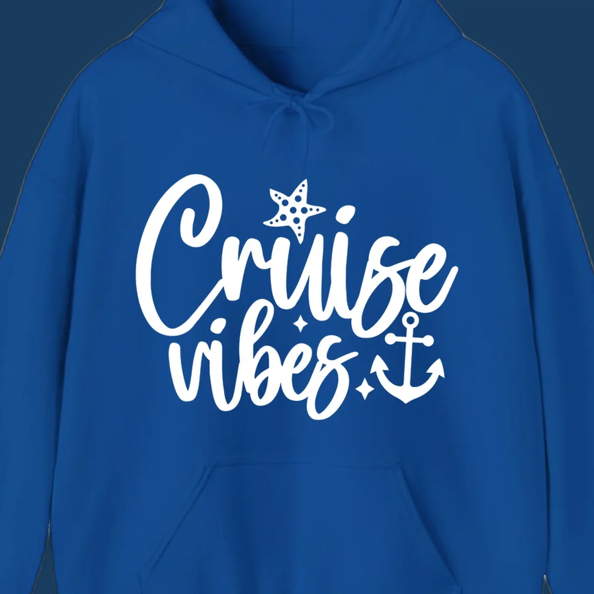 Cruise vibes text with starfish and anchor illustration.