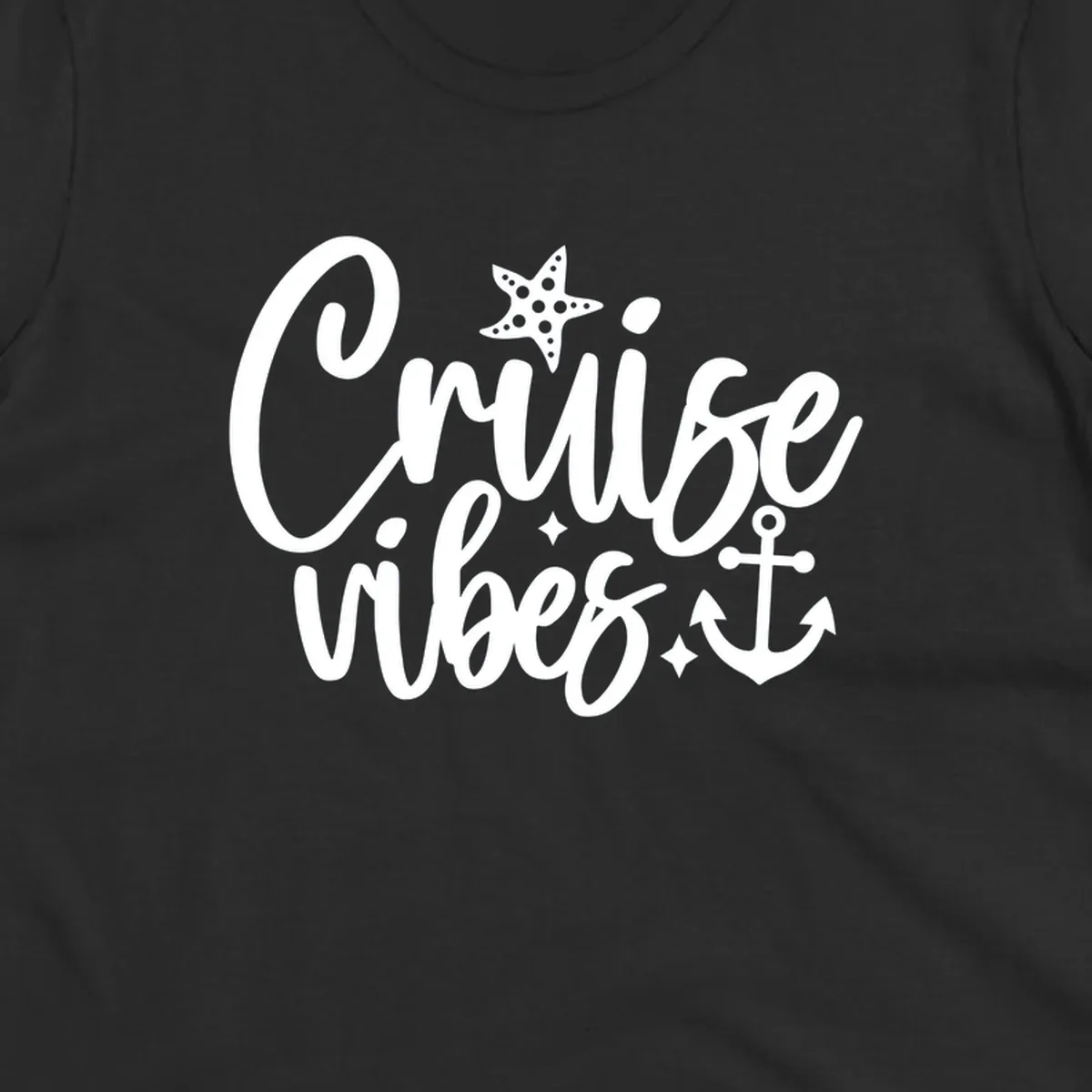 Cruise vibes text with starfish and anchor illustration.