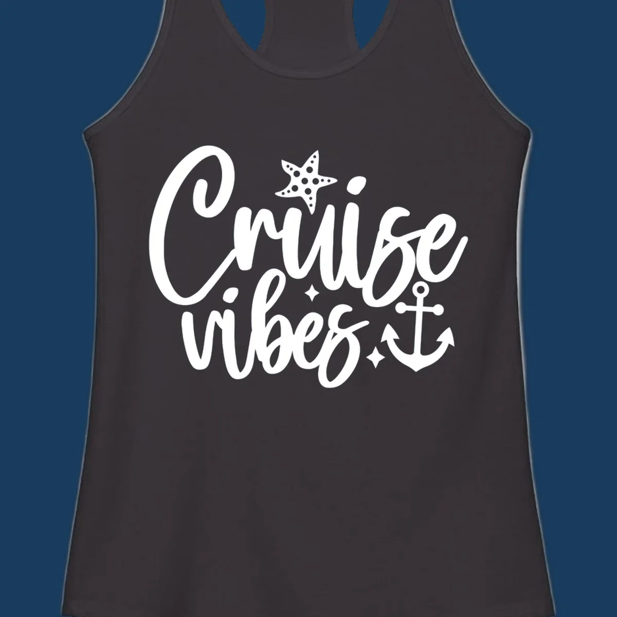 Cruise vibes text with starfish and anchor illustration.