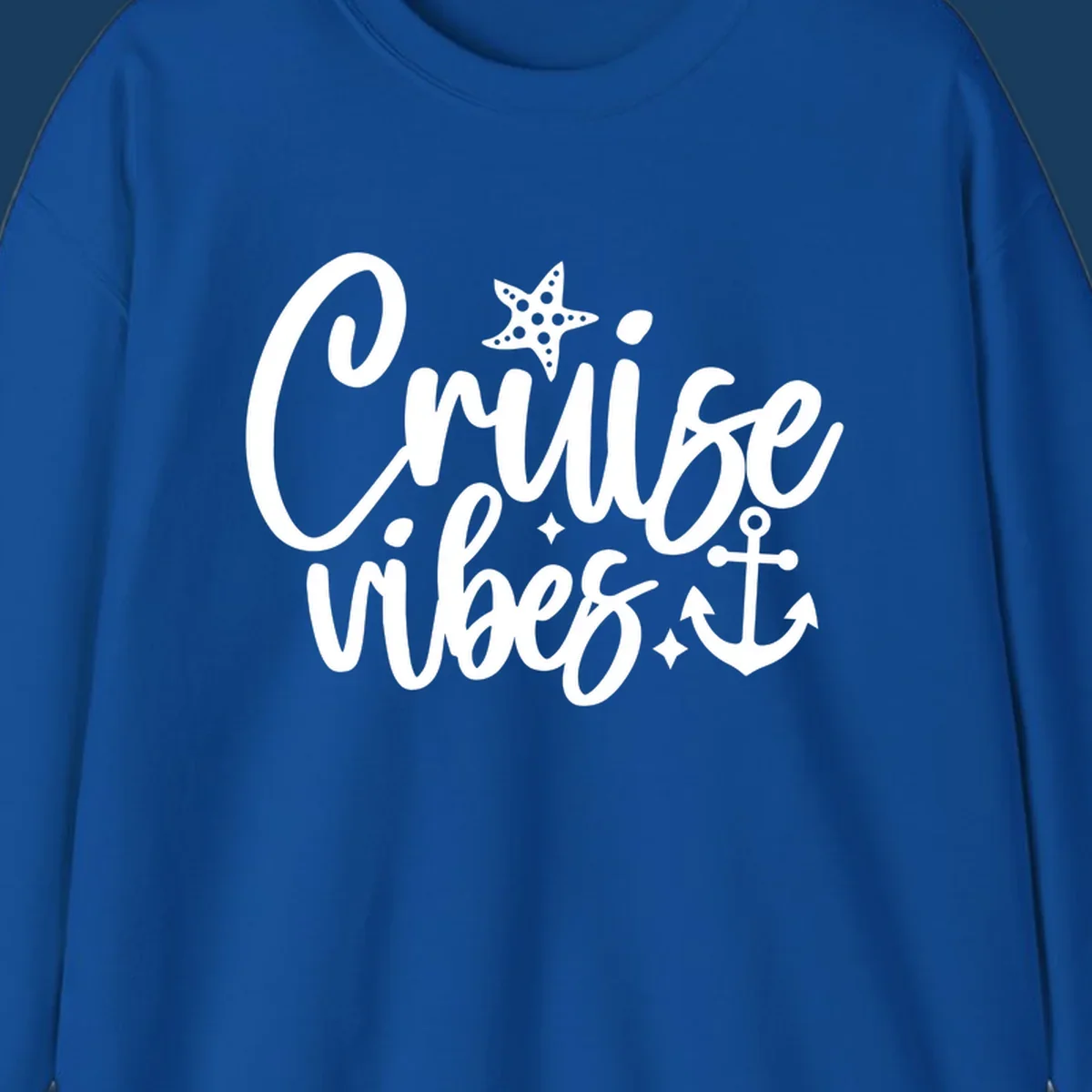 Cruise vibes text with starfish and anchor illustration.