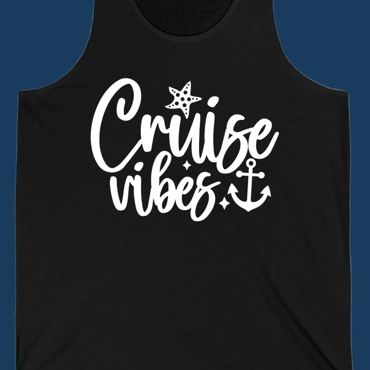 Cruise vibes text with starfish and anchor illustration.