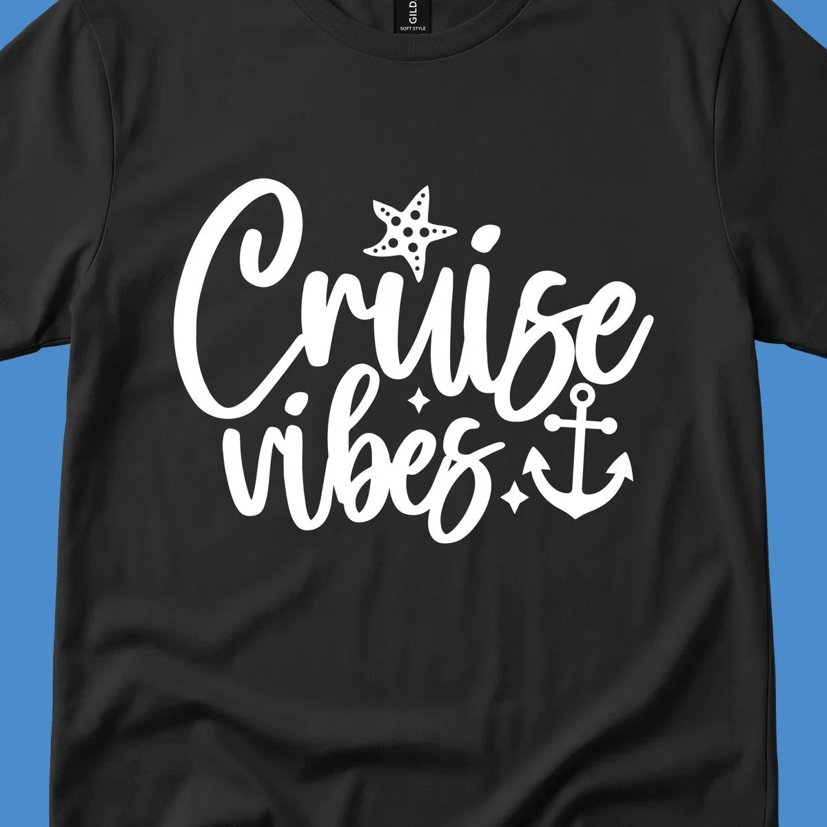Cruise vibes text with starfish and anchor illustration.