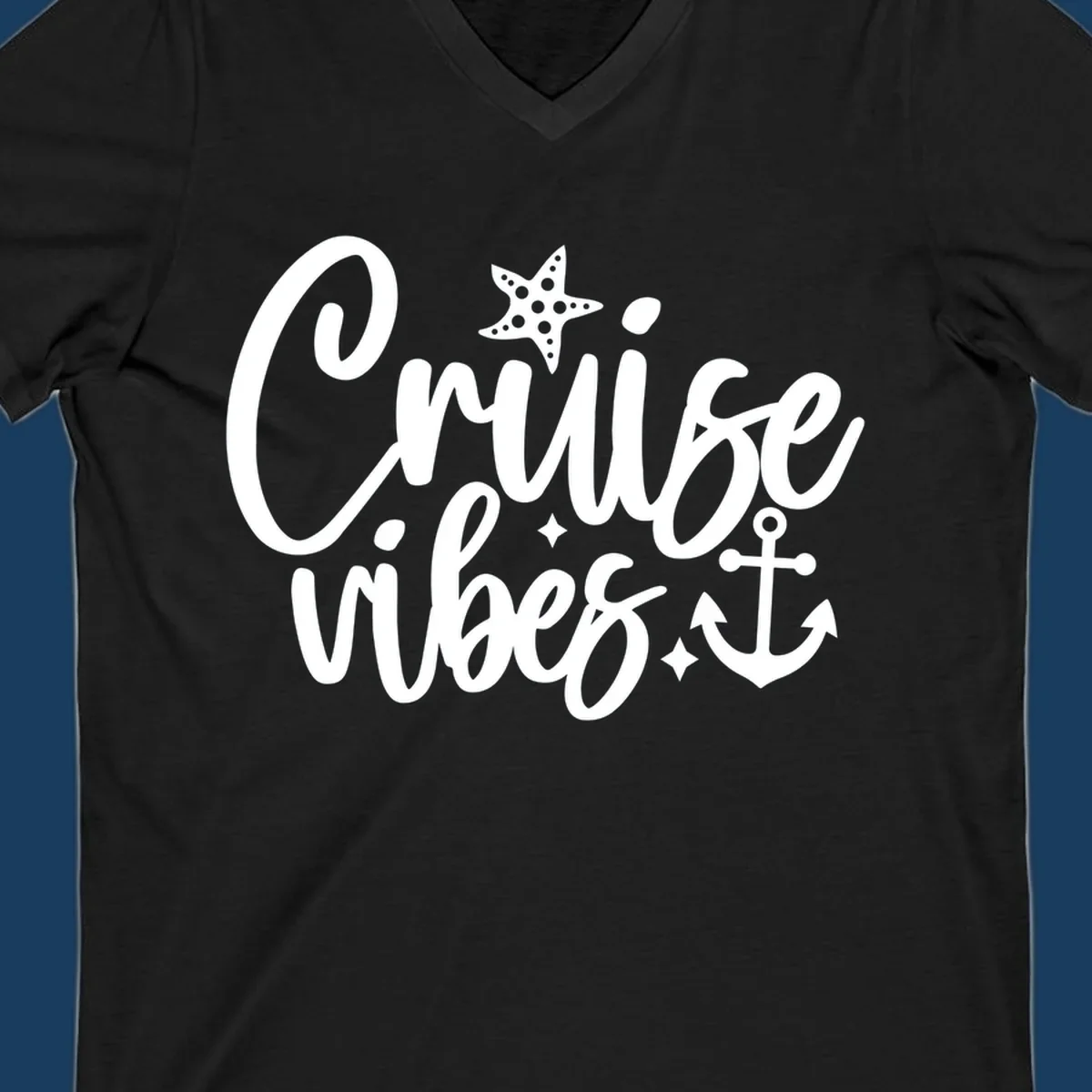 Cruise vibes text with starfish and anchor illustration.