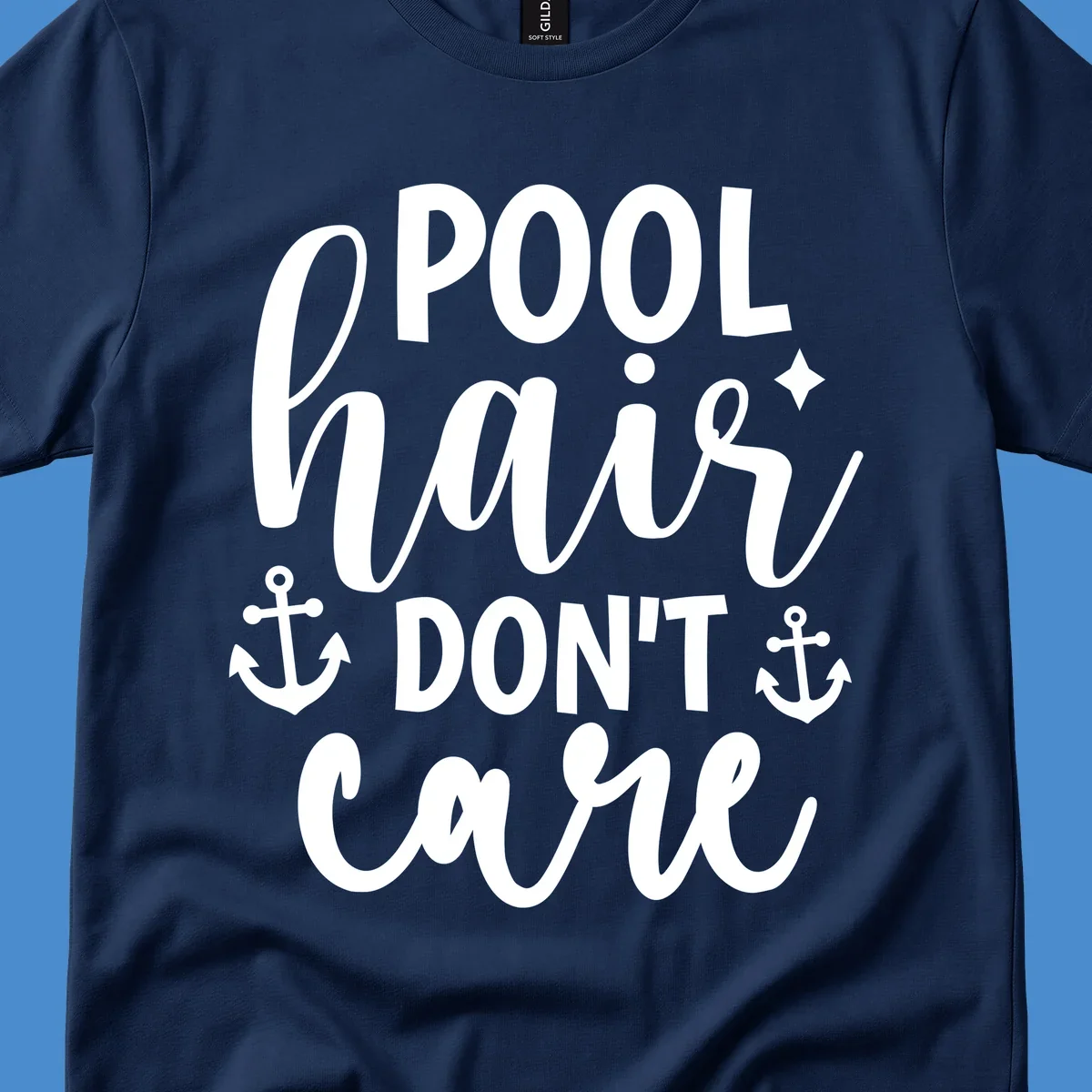 Pool hair don't care text with anchors and sparkle graphic.