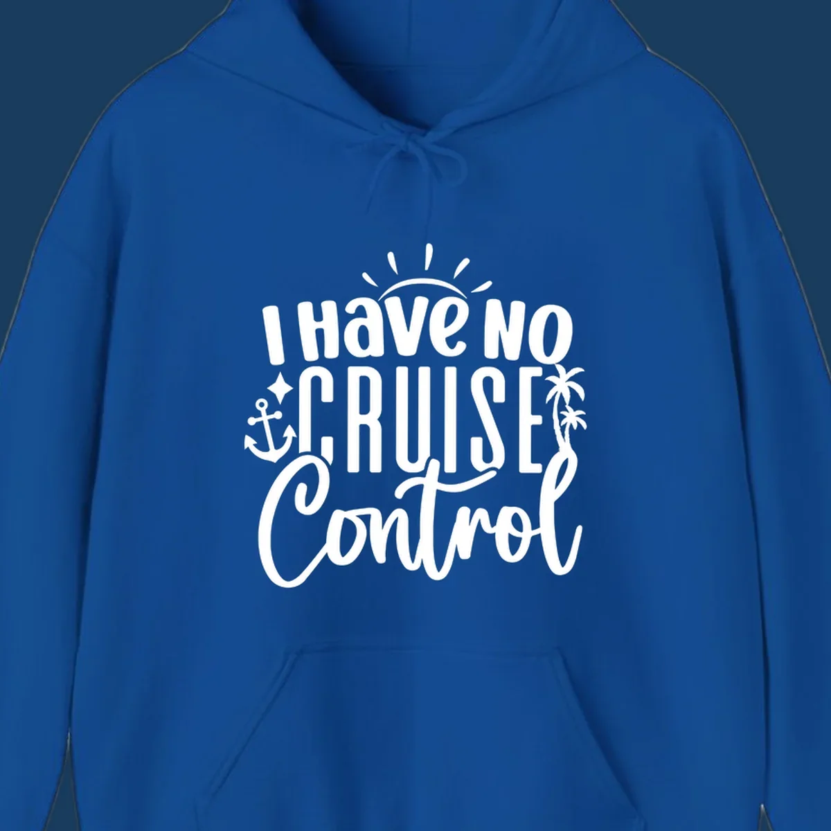 I Have No Cruise Control text design with anchor, sun, and palm trees.