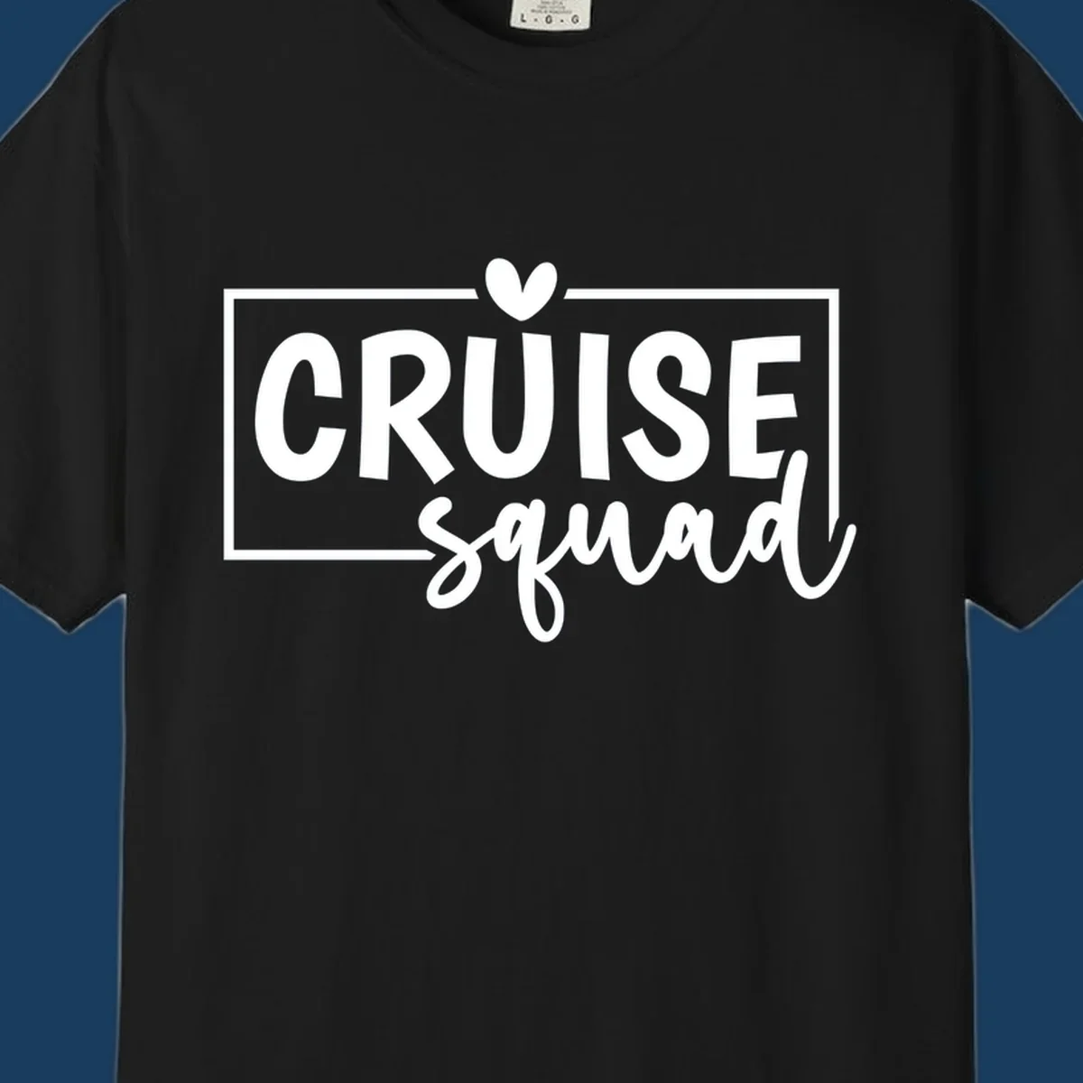 Cruise Squad text design with a heart icon and border. 