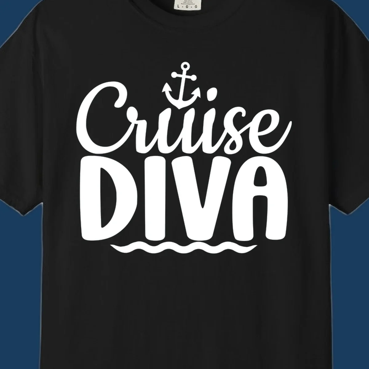 White text and graphics saying 'Cruise DIVA' with an anchor and waves, for a cruise diva.