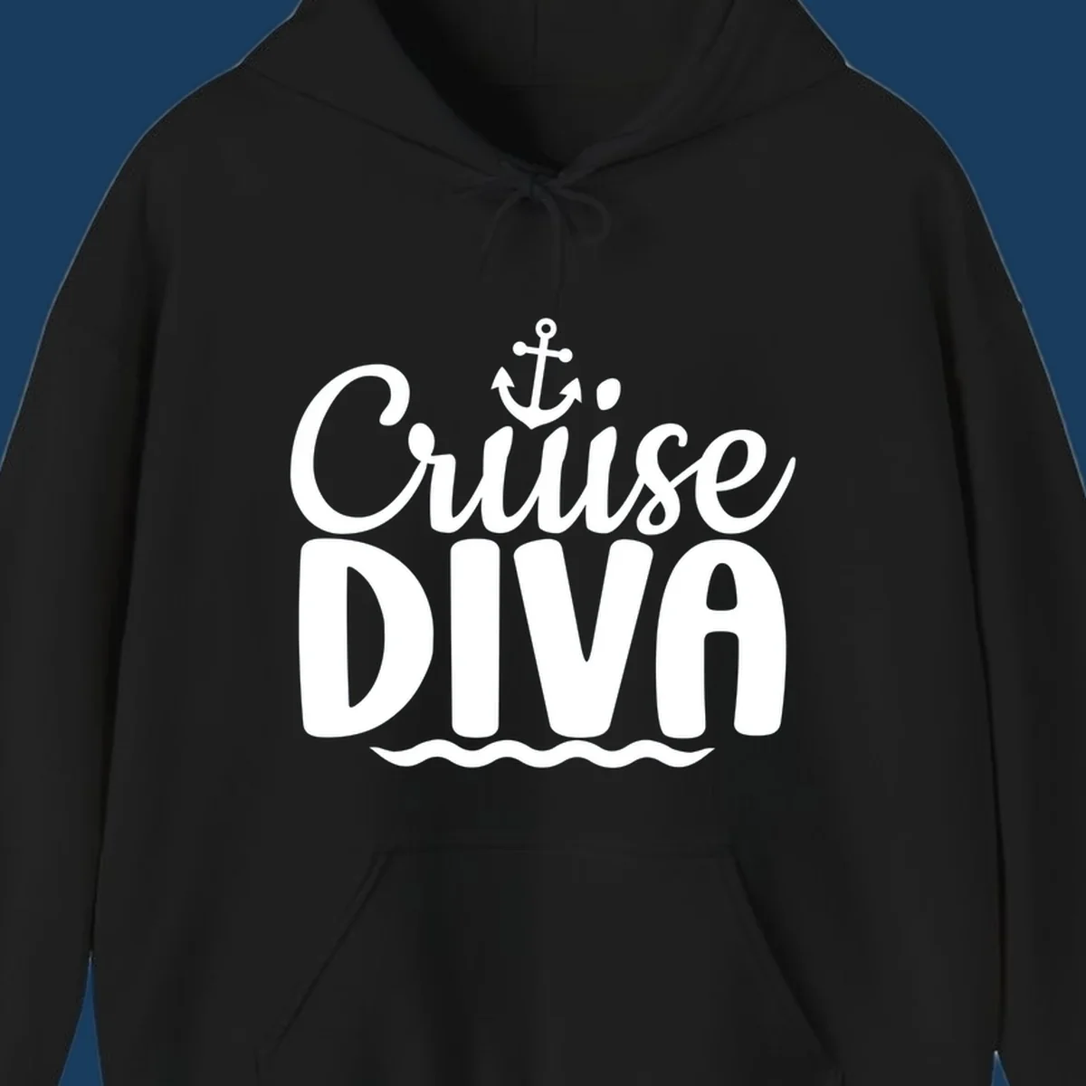 White text and graphics saying 'Cruise DIVA' with an anchor and waves, for a cruise diva.