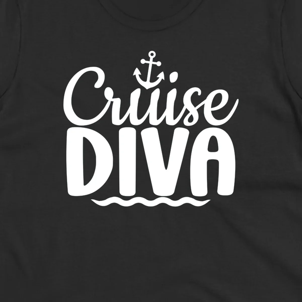 White text and graphics saying 'Cruise DIVA' with an anchor and waves, for a cruise diva.