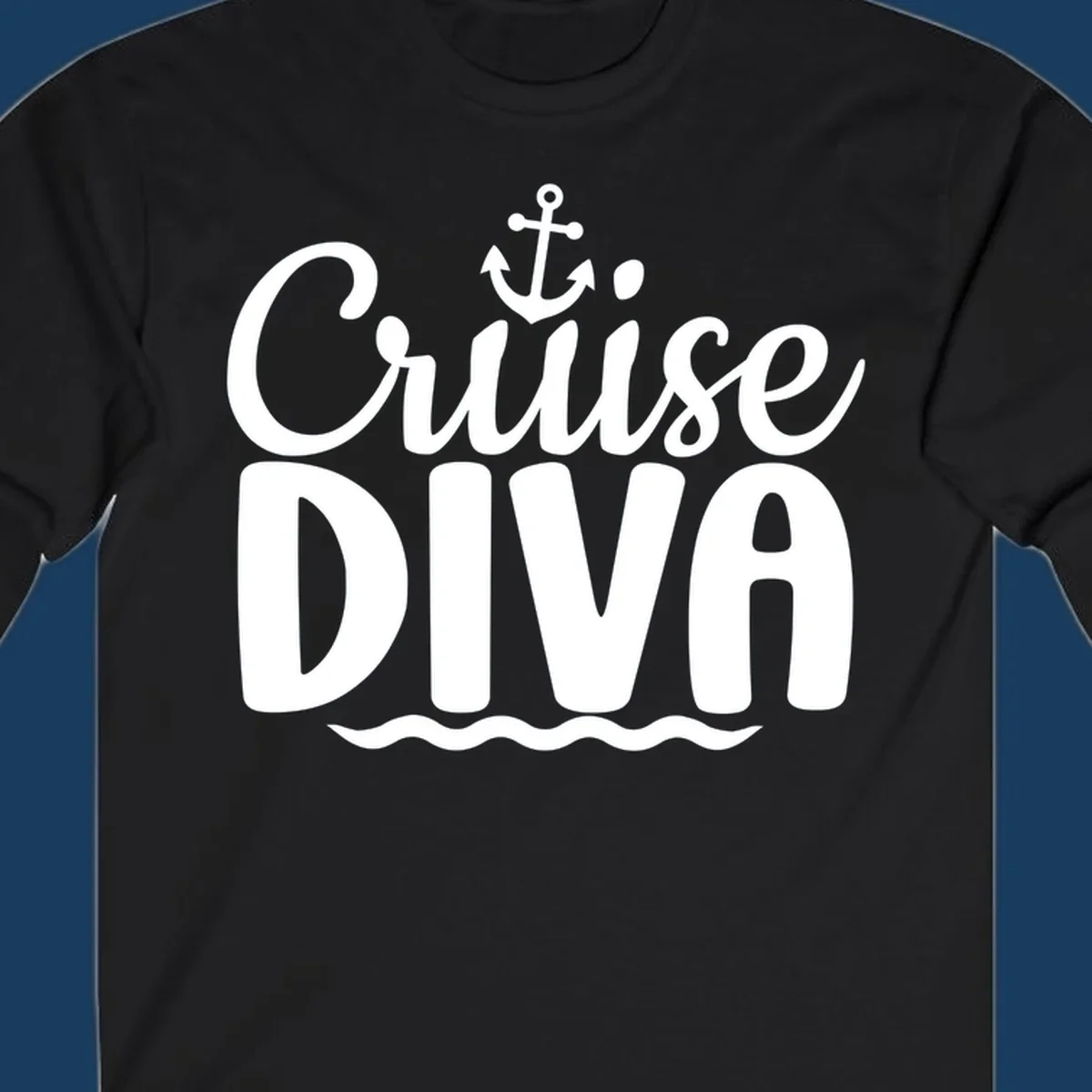 White text and graphics saying 'Cruise DIVA' with an anchor and waves, for a cruise diva.