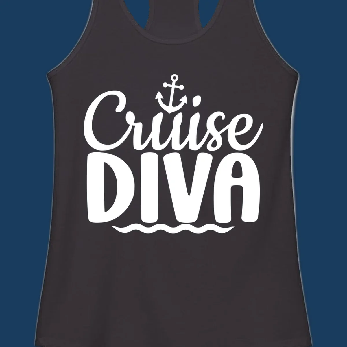 White text and graphics saying 'Cruise DIVA' with an anchor and waves, for a cruise diva.