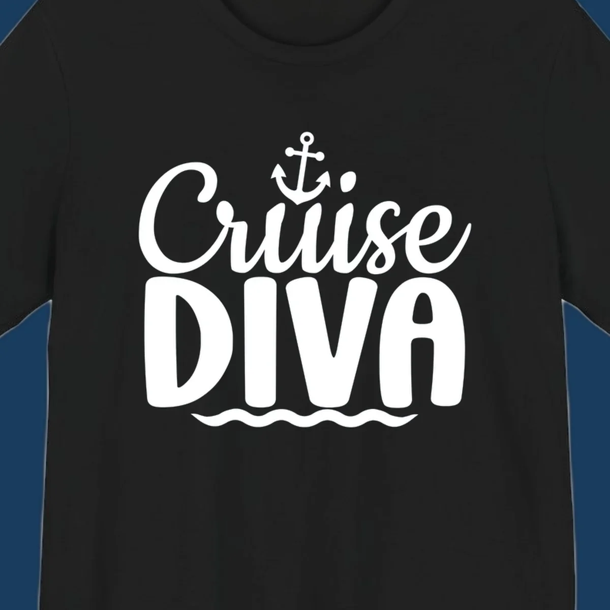 White text and graphics saying 'Cruise DIVA' with an anchor and waves, for a cruise diva.