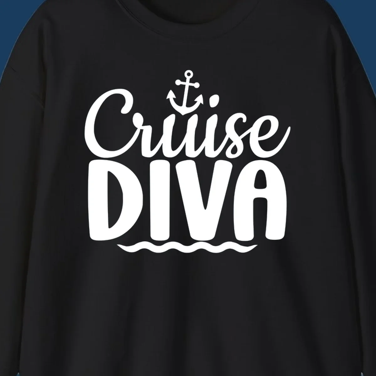 White text and graphics saying 'Cruise DIVA' with an anchor and waves, for a cruise diva.