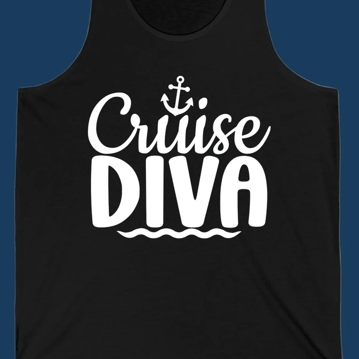 White text and graphics saying 'Cruise DIVA' with an anchor and waves, for a cruise diva.