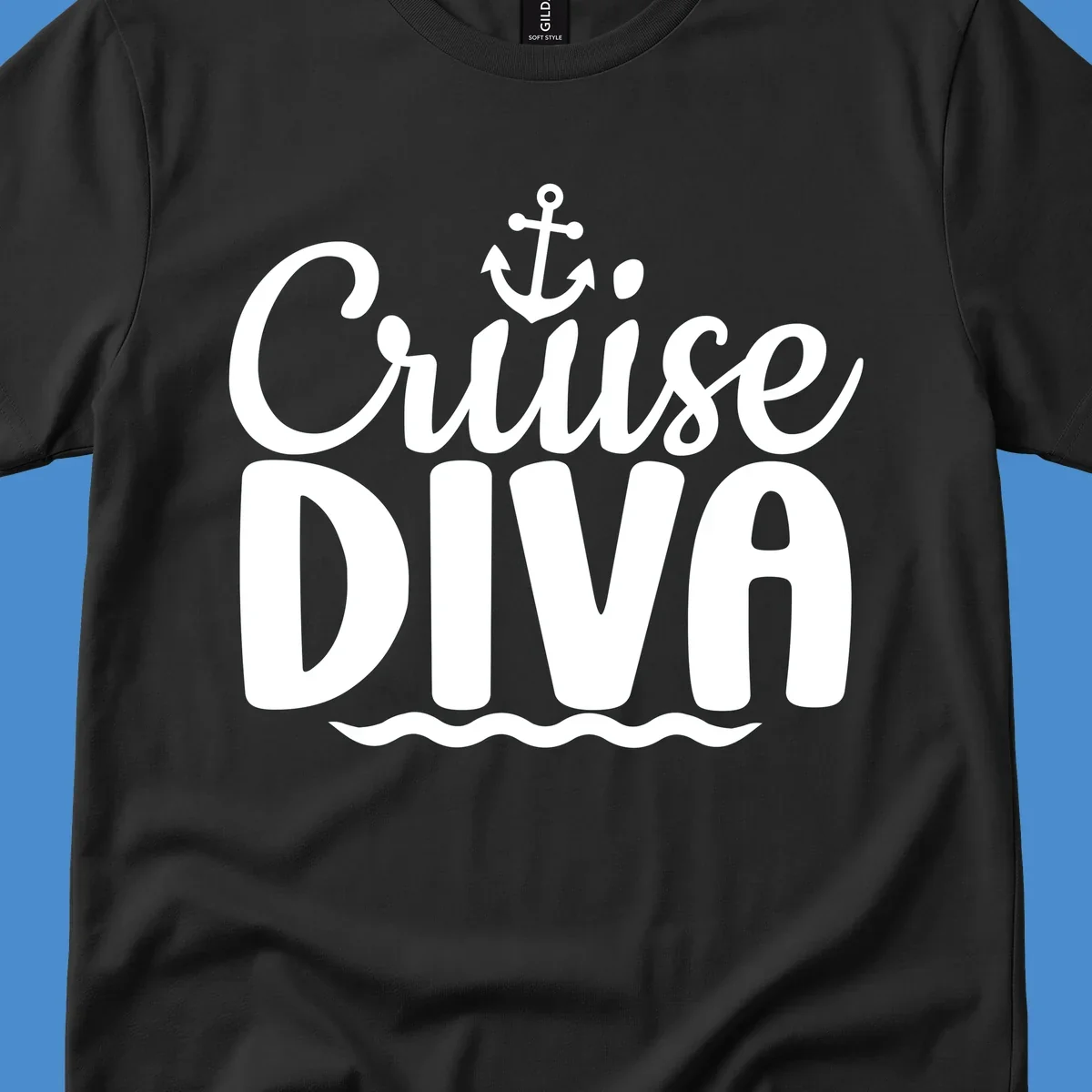 White text and graphics saying 'Cruise DIVA' with an anchor and waves, for a cruise diva.
