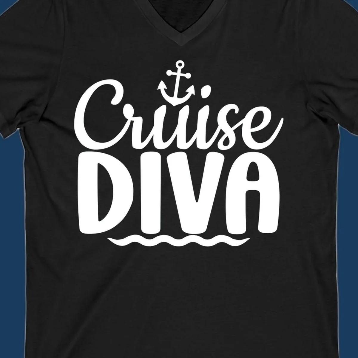 White text and graphics saying 'Cruise DIVA' with an anchor and waves, for a cruise diva.