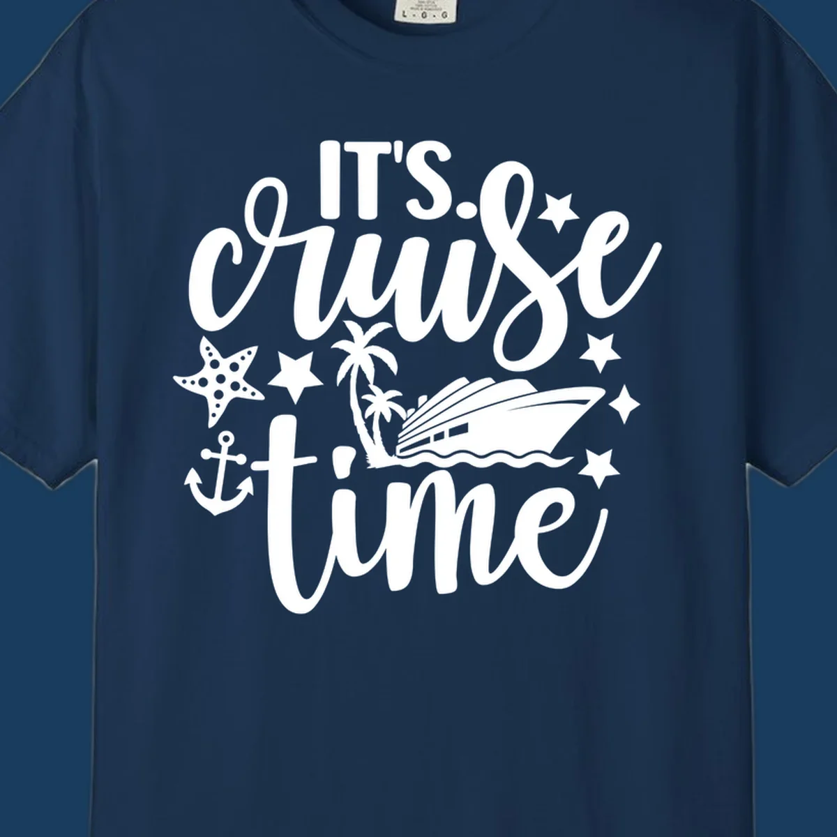 It's Cruise Time text with cruise ship, anchor, starfish, and stars.