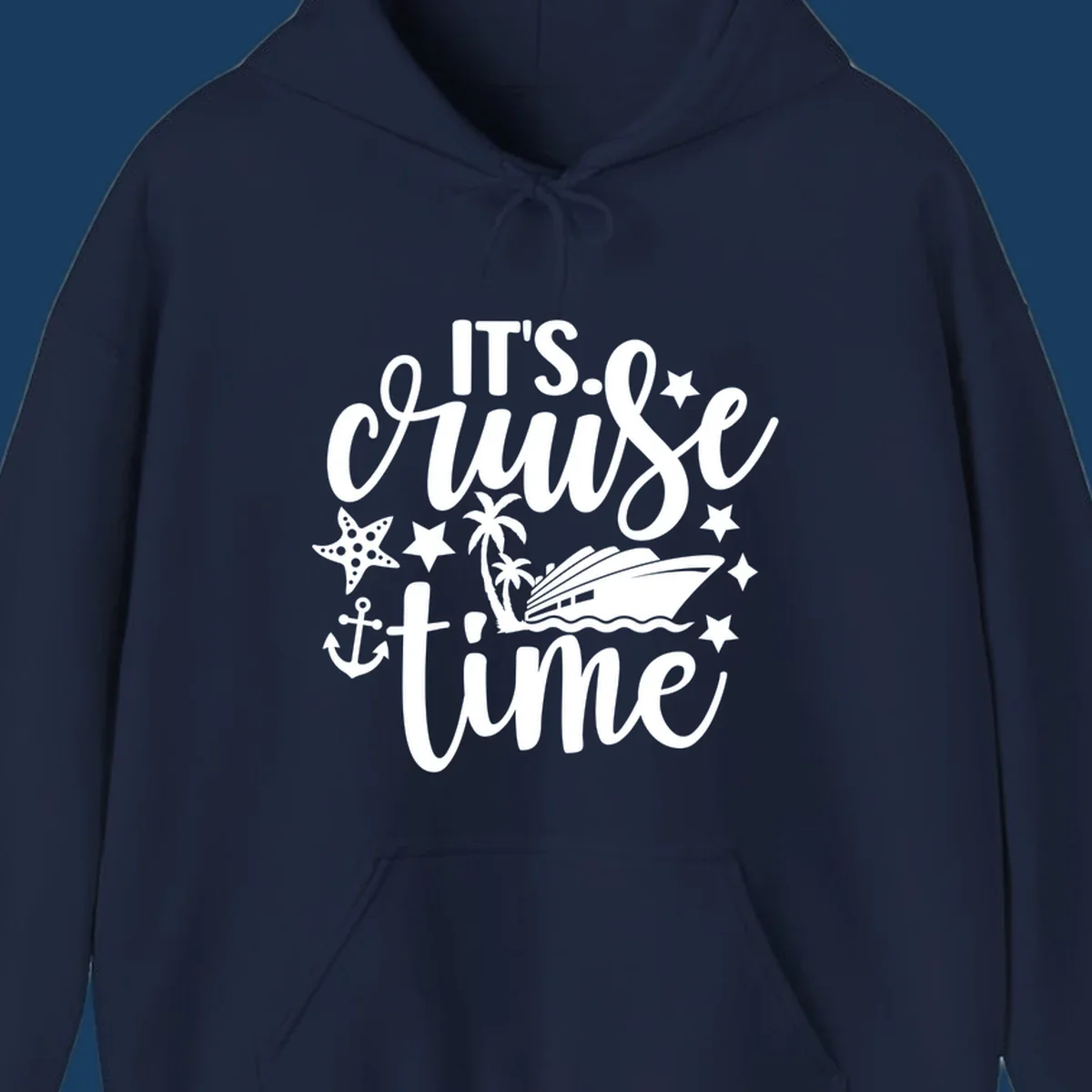 It's Cruise Time text with cruise ship, anchor, starfish, and stars.