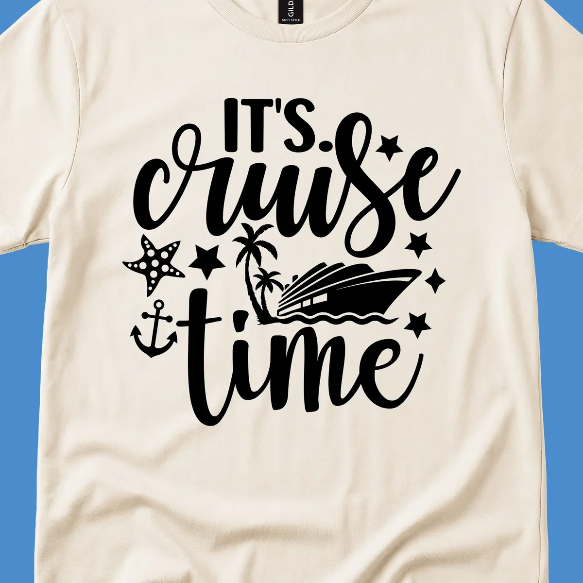 It's Cruise Time text with cruise ship, anchor, starfish, and stars.