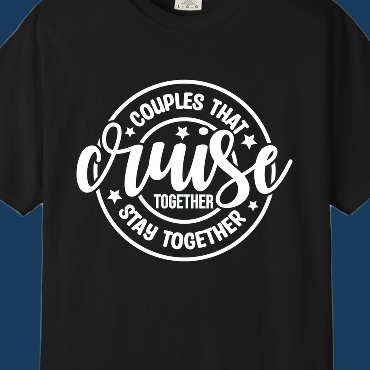 Couples cruise together badge design with white text and stars.