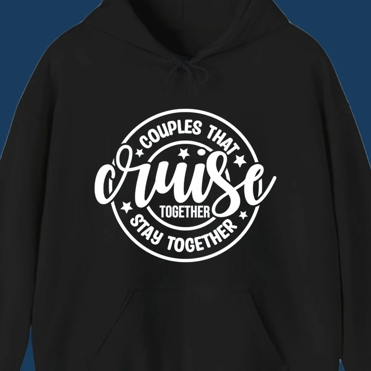 Couples cruise together badge design with white text and stars.