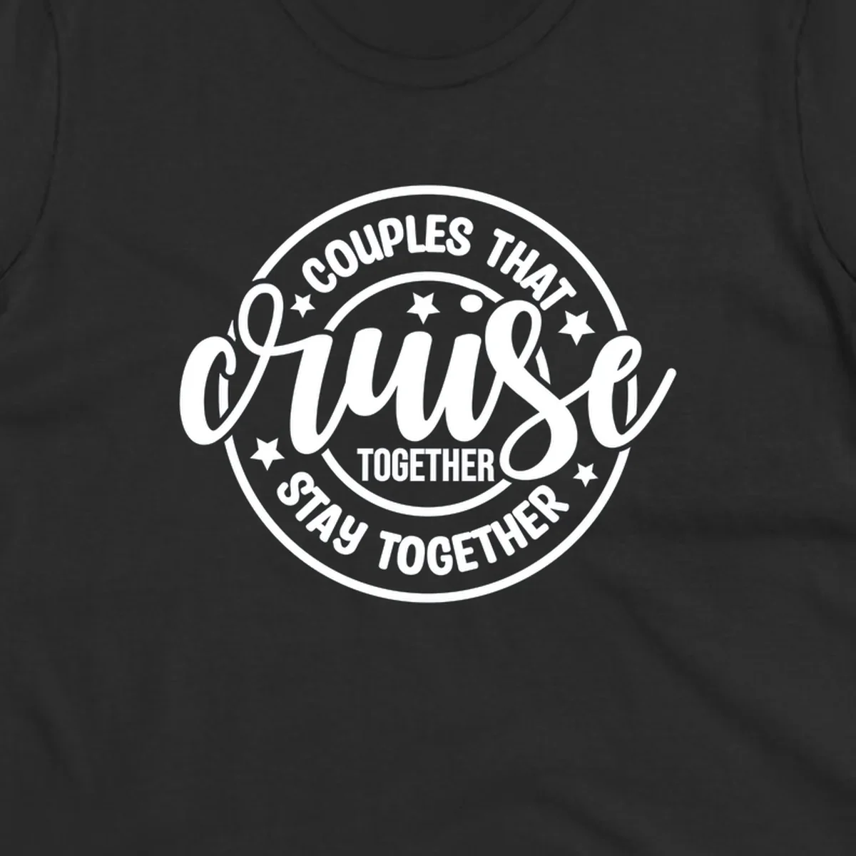 Couples cruise together badge design with white text and stars.