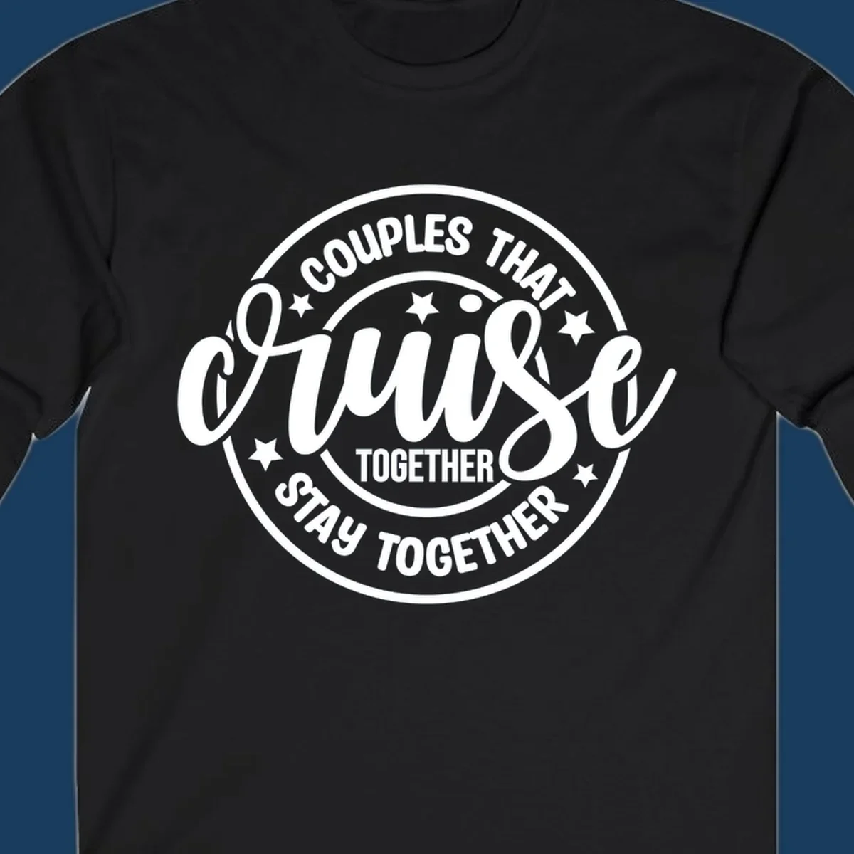 Couples cruise together badge design with white text and stars.