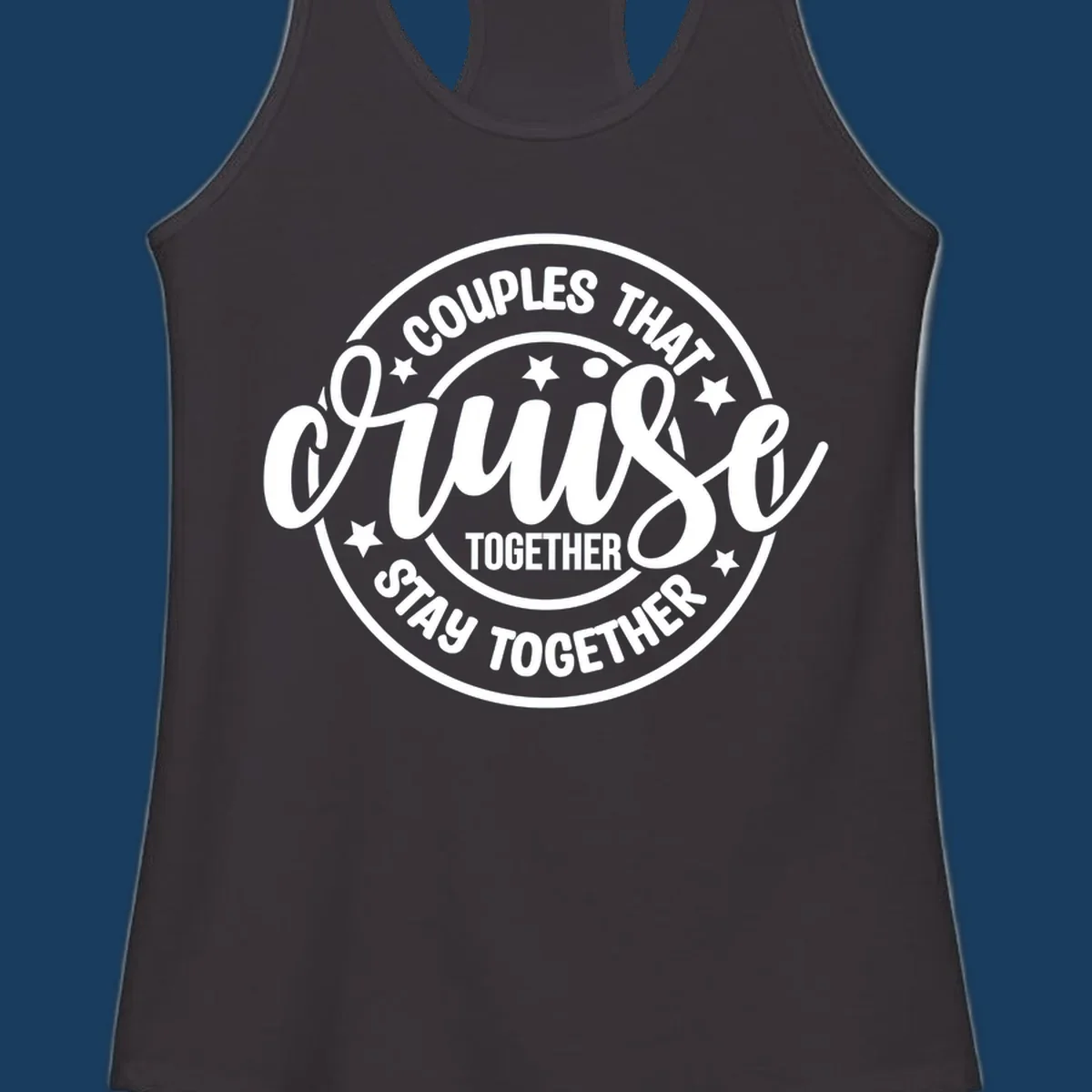 Couples cruise together badge design with white text and stars.