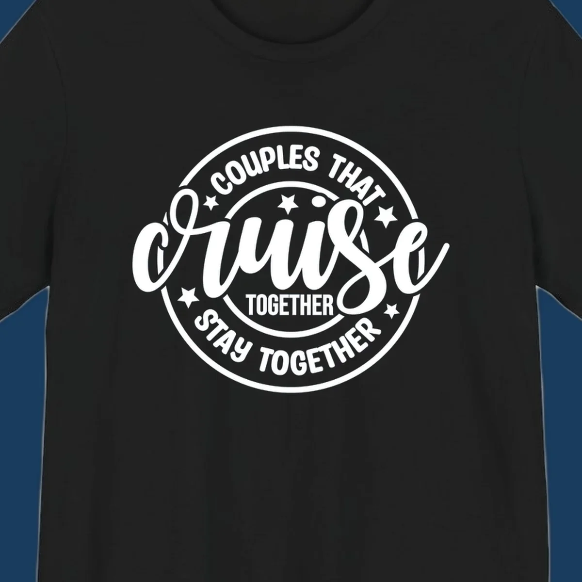 Couples cruise together badge design with white text and stars.