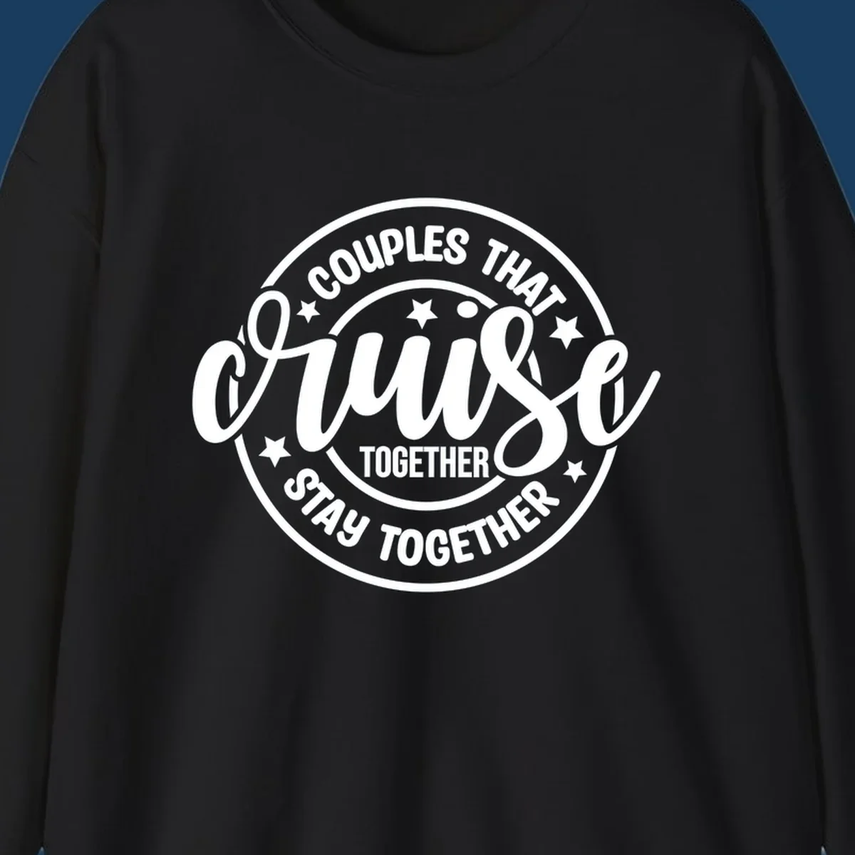Couples cruise together badge design with white text and stars.