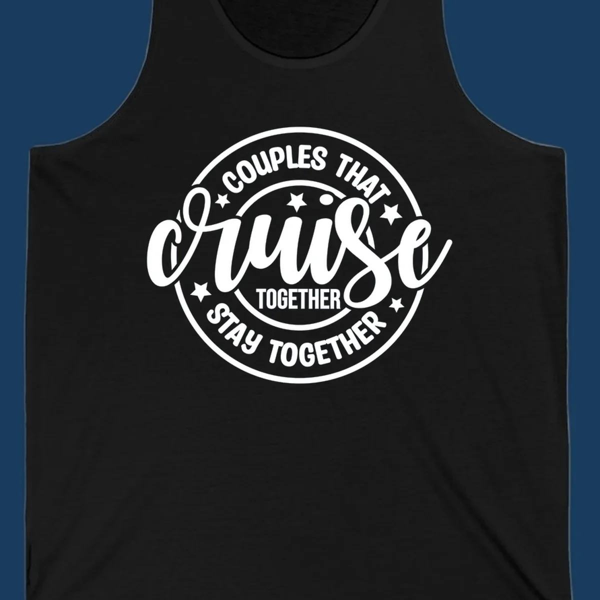Couples cruise together badge design with white text and stars.