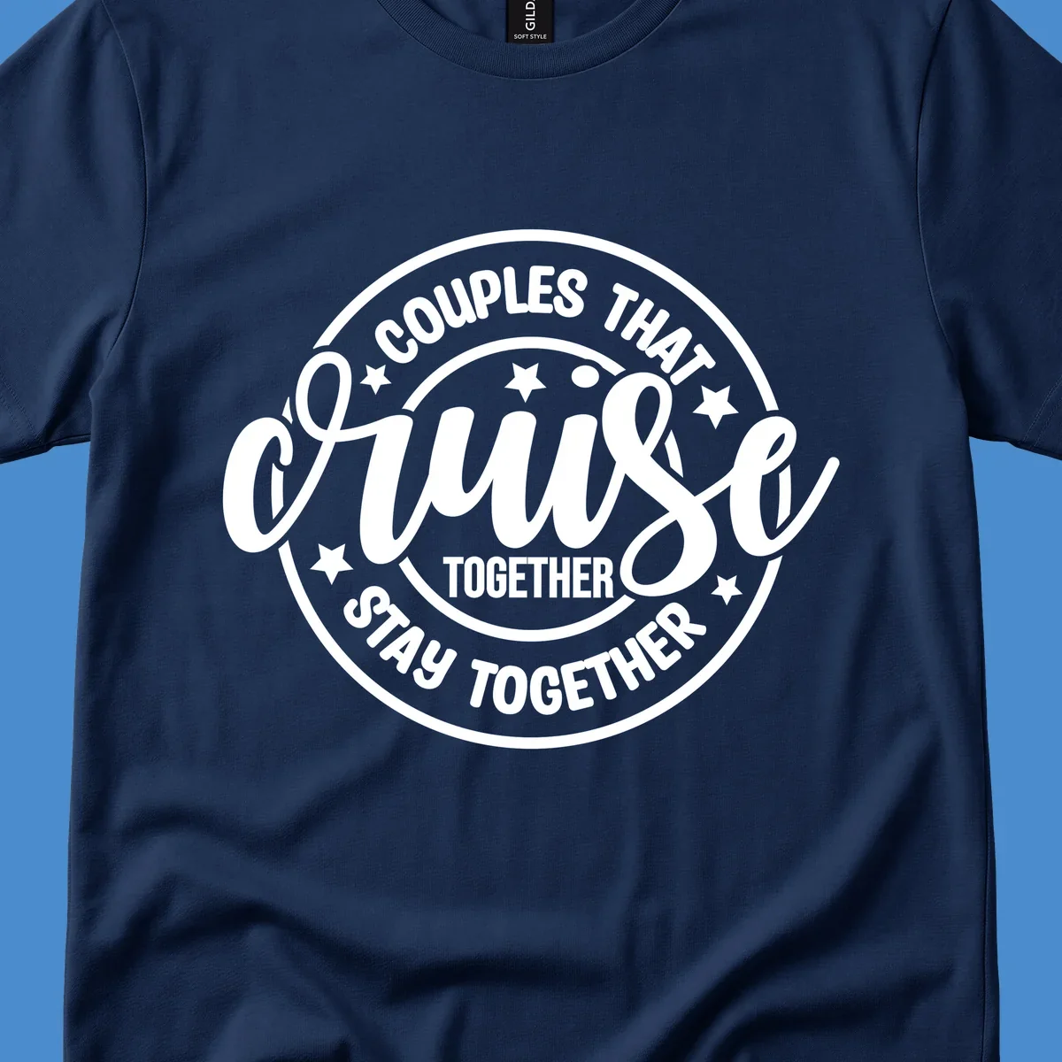Couples cruise together badge design with white text and stars.