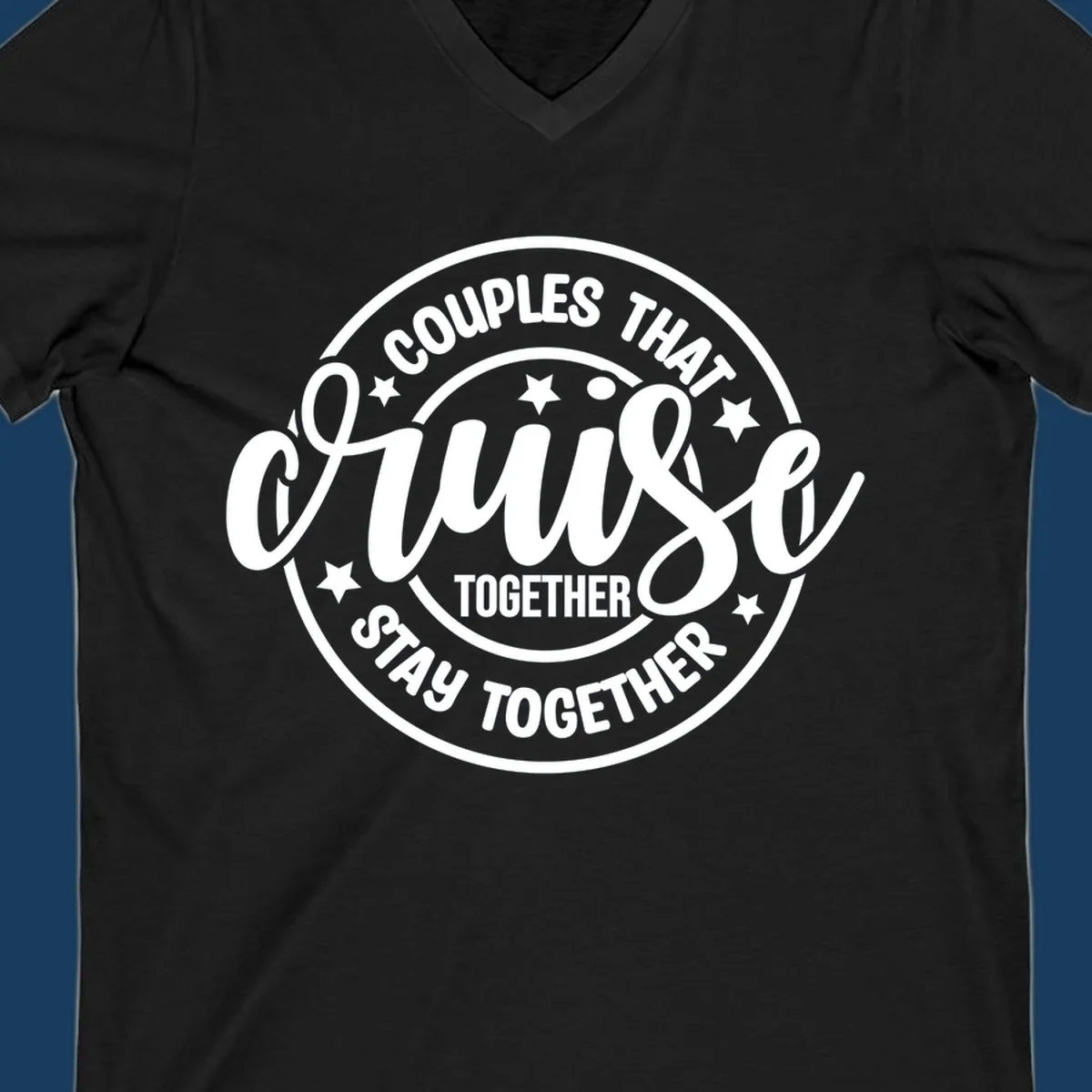 Couples cruise together badge design with white text and stars.