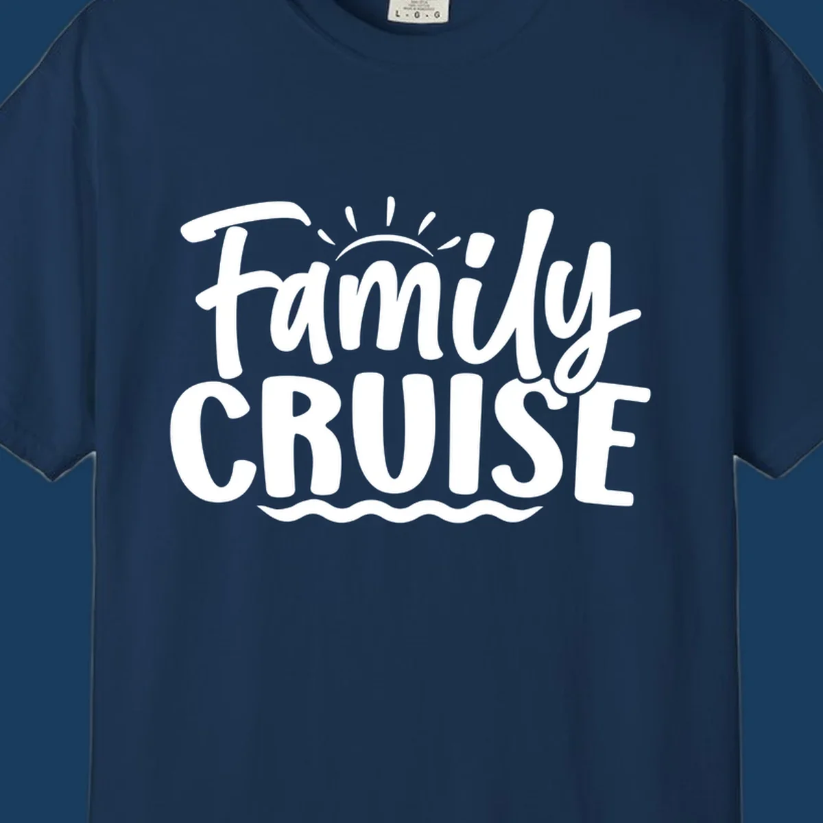 Family cruise text with sun rays and ocean waves graphic.