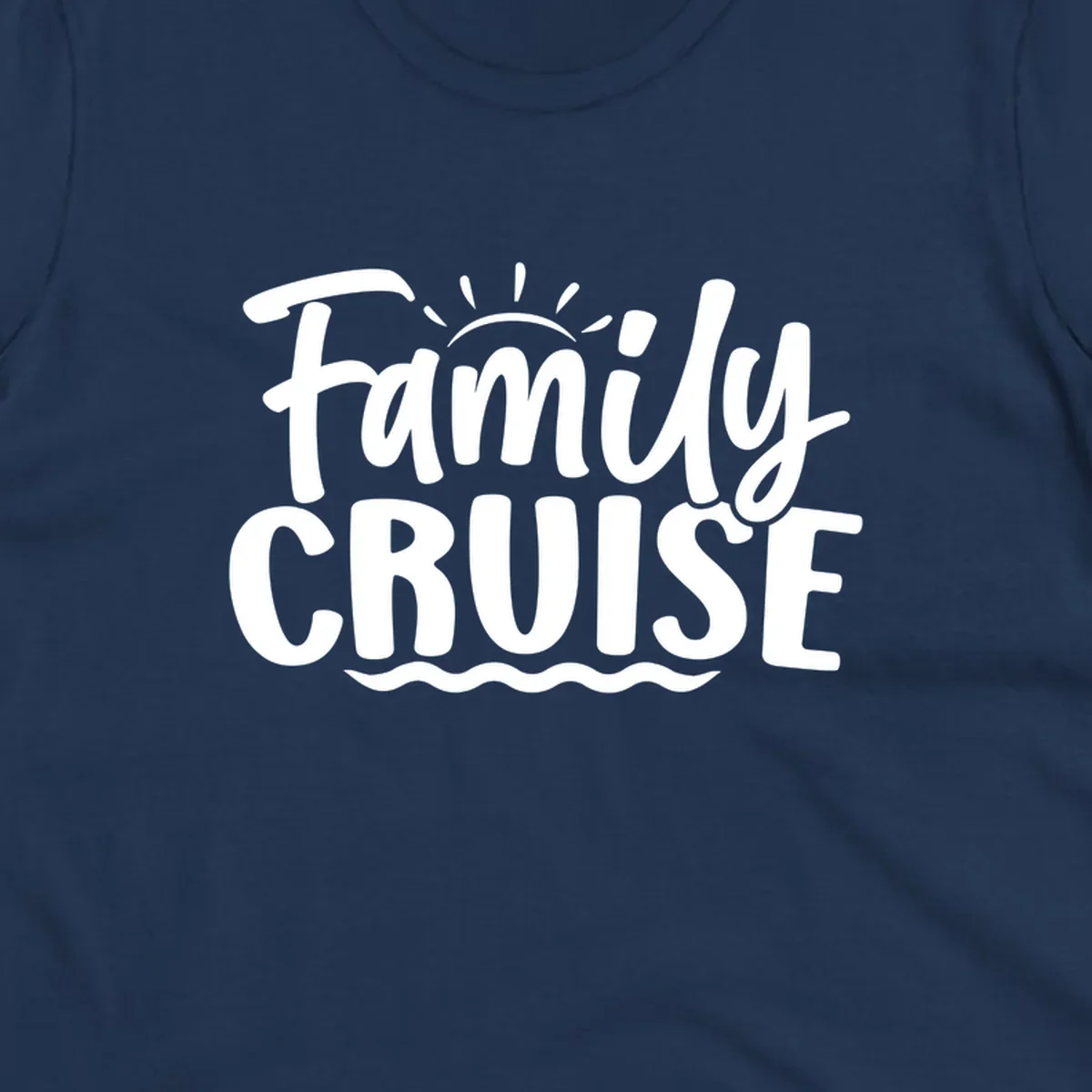 Family cruise text with sun rays and ocean waves graphic.