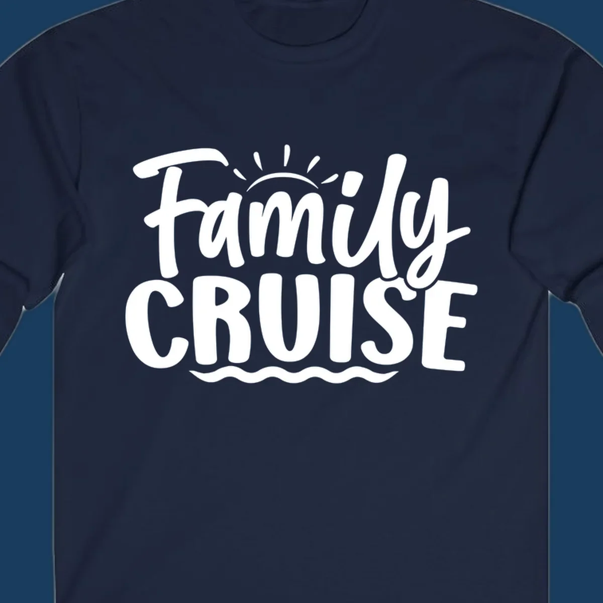 Family cruise text with sun rays and ocean waves graphic.