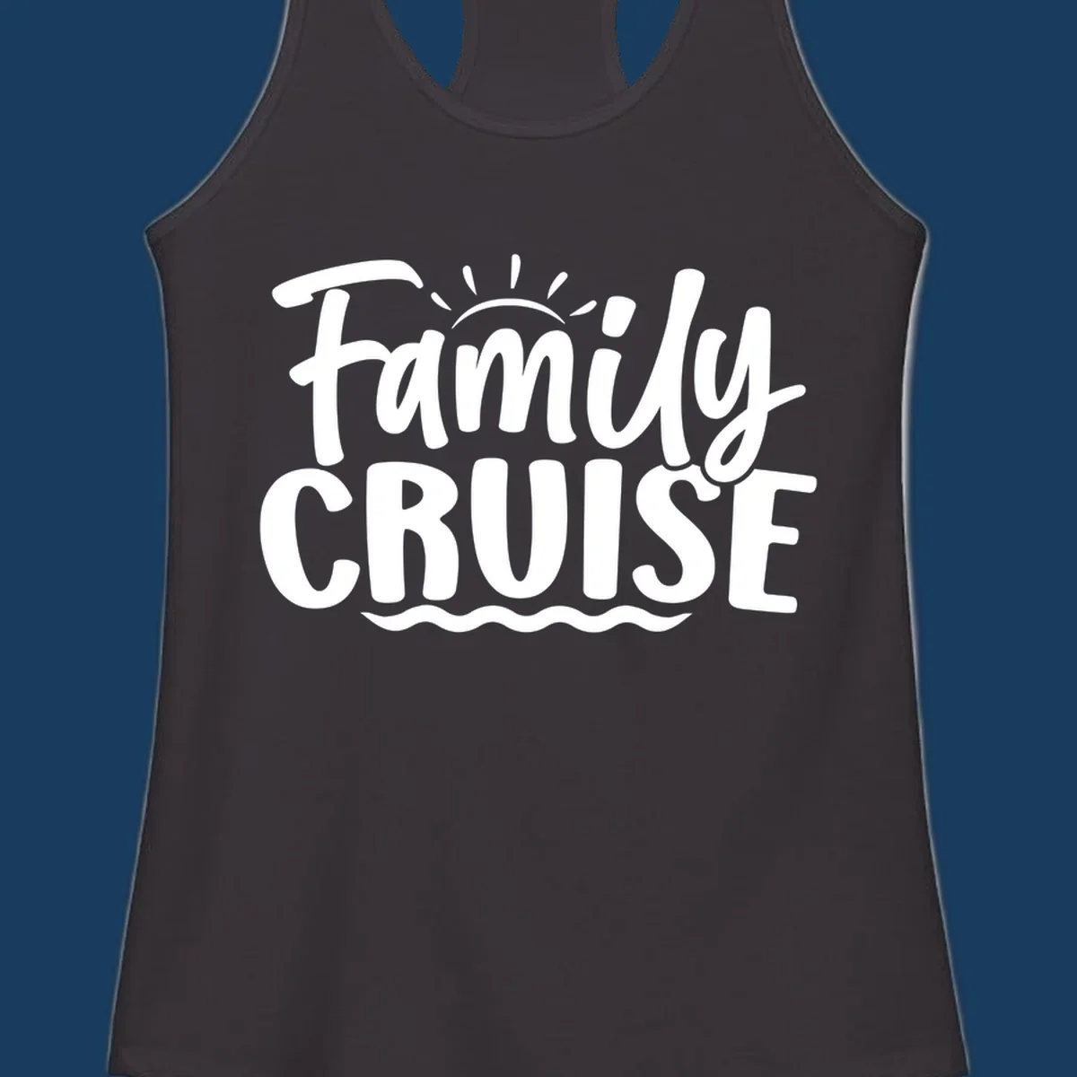 Family cruise text with sun rays and ocean waves graphic.