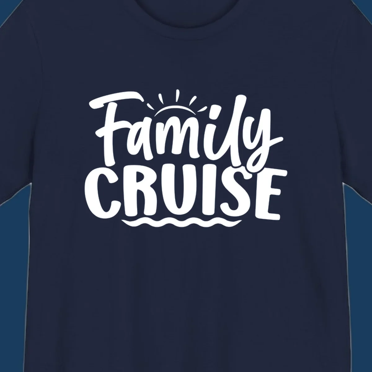 Family cruise text with sun rays and ocean waves graphic.