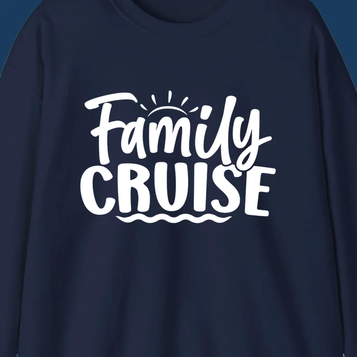 Family cruise text with sun rays and ocean waves graphic.