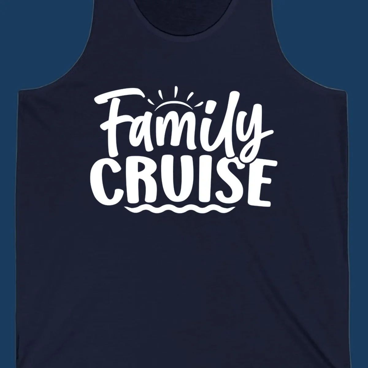 Family cruise text with sun rays and ocean waves graphic.