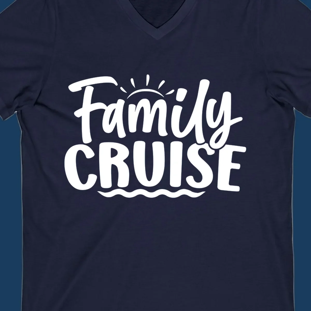 Family cruise text with sun rays and ocean waves graphic.
